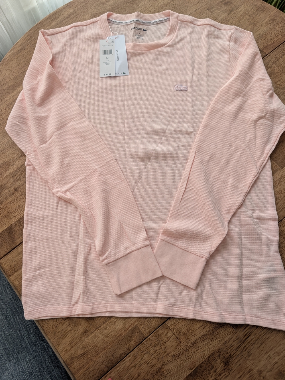 Lacoste Mens Long-Sleeve Lightweight Sleepwear Shirt- Pale Pink